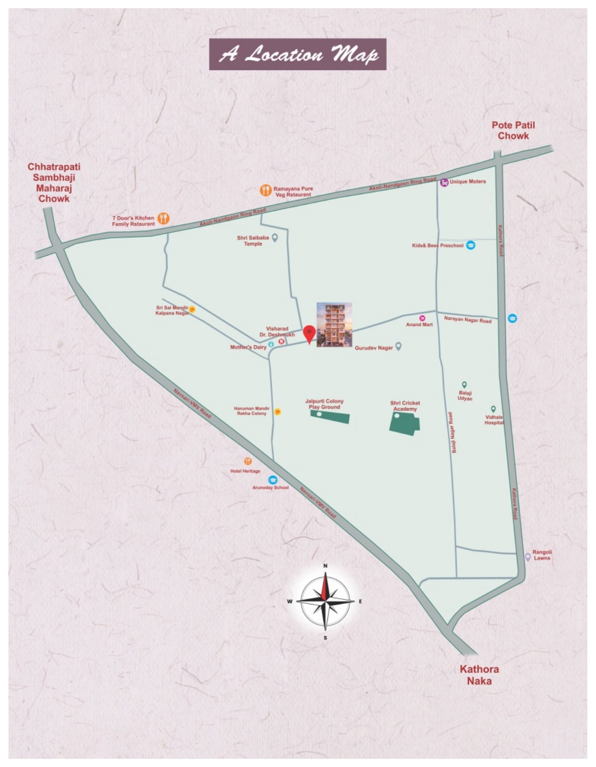Brochure map showing Rangoli Heights near Gurudev Nagar, Kathora Road and Kathora Naka
